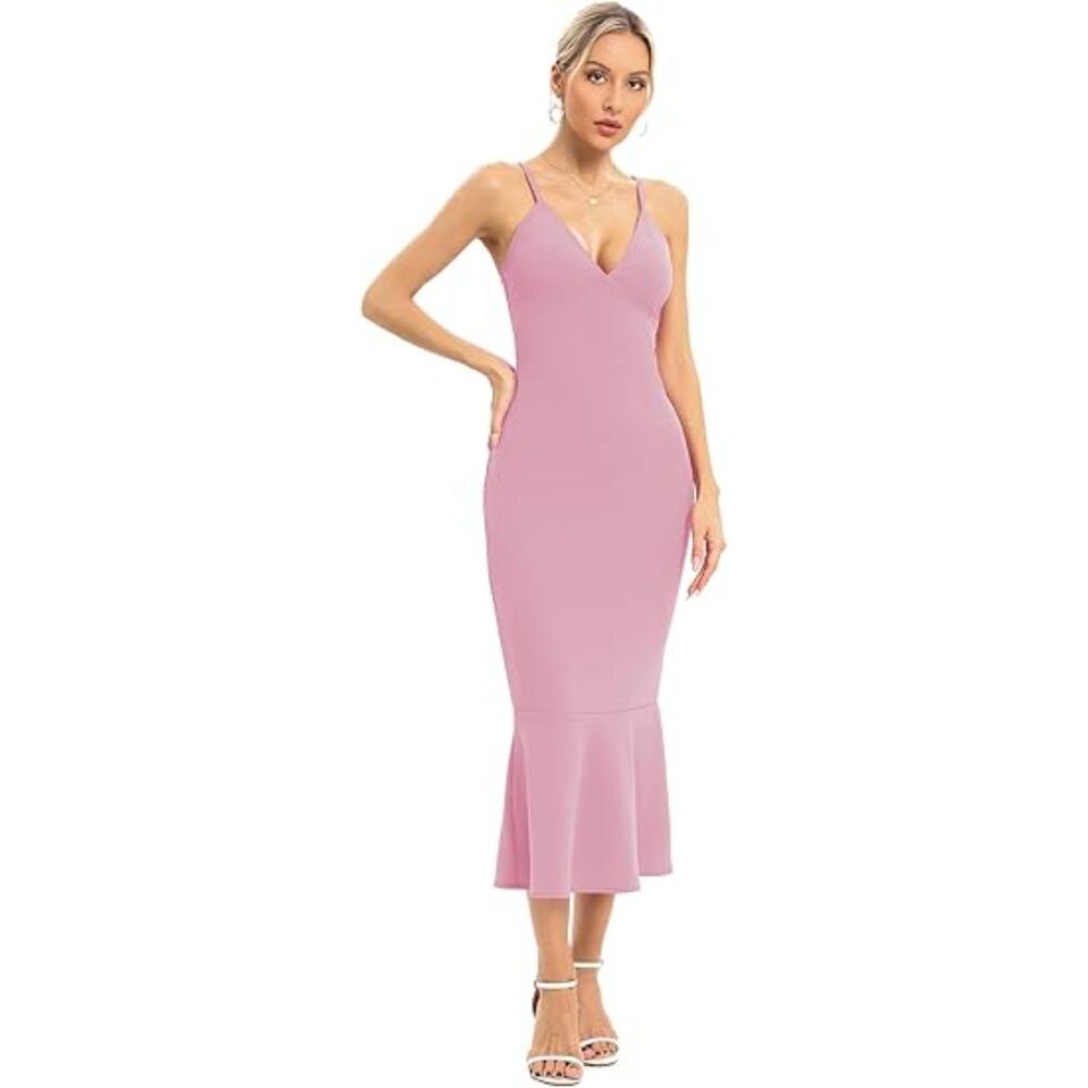 Spaghetti Straps V Neck Bodycon Mermaid Dress, Size Mediun,15I-135D001